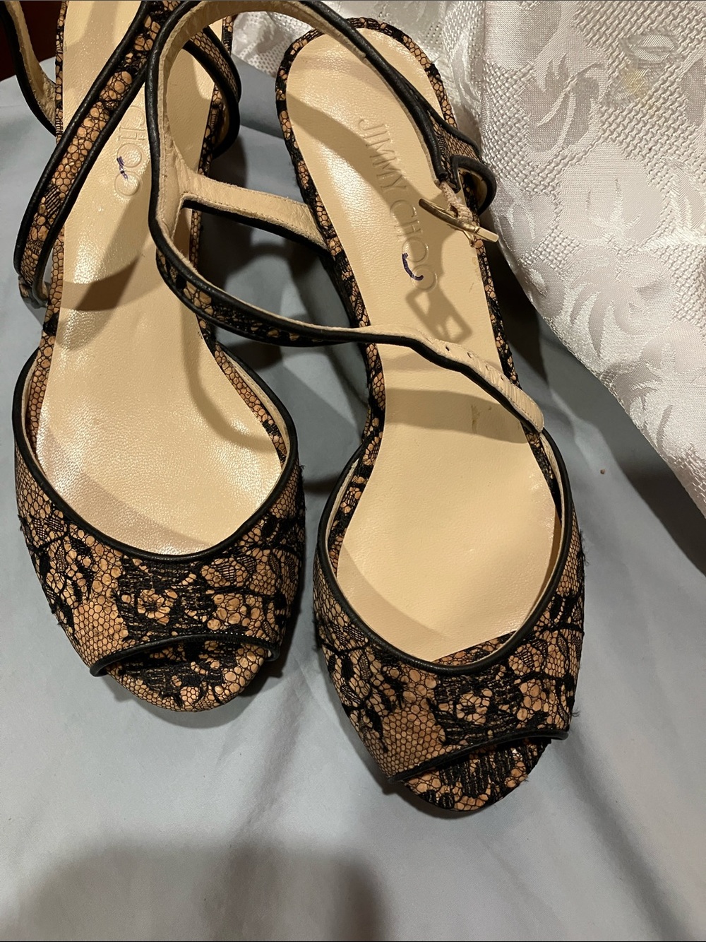 Jimmy Choo Black Lace-Overlay Tan Platform Sandals - Picture 9 of 12